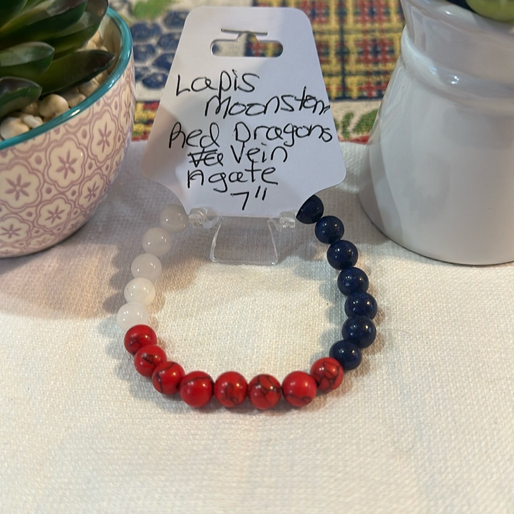 Hand Crafted Lapis, Moonstone, and Red Dragons Vein Agate Stretch Bracelet